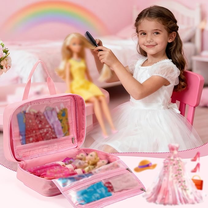 Carrying Case Compatible with Barbie Dolls 12-Inch, Storage Organizer Holder with Handle for up to 6 Dolls, Multiple Pockets for Clothes & Accessories,Travel Portable Storage Bag,Pink