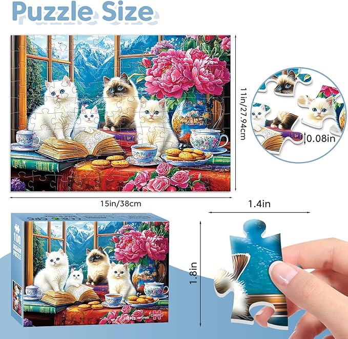 100 Piece Puzzles - Cute Ragdoll Cats Puzzles for Kids Ages 4-6 6-8 8-10, Large Piece Puzzle for Seniors for Elderly Activity for Adults Kids Puzzle Ages 5-8 Great Gift for Boys Girls