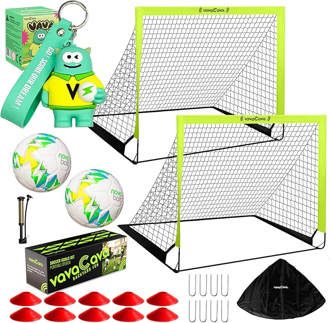 VavaCava 4'x3' Size Portable Soccer Goals Set for Backyard Fun, 2 Nets, 2 Size 3 Balls, 10 Marker Cones, Pump and Carry Bag, Outdoor Games for Backyard, Beach, Lawn, Kids Soccer Training Equipment
