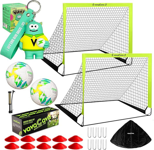 VavaCava 4'x3' Size Portable Soccer Goals Set for Backyard Fun, 2 Nets, 2 Size 3 Balls, 10 Marker Cones, Pump and Carry Bag, Outdoor Games for Backyard, Beach, Lawn, Kids Soccer Training Equipment