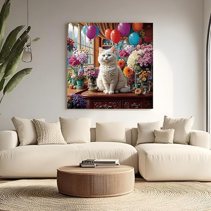 Jigsaw Puzzles for Adults 1024 Pieces - Challenging Fun Puzzles Stunning Art Wall Decor, Gift for Adult Puzzle Lovers, Family Game, Flowers & White Cat