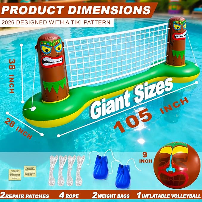 Large Inflatable Luau Tiki Pool Games Volleyball Net Pool Float Set with 9" Beach Ball, Floating Swimming Water Sports Game Toy for Adults, Summer Luau Tropical Hawaiian Party Supplies