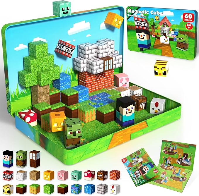 60 PCS Magnetic Blocks with Metal Box, 0.8in Mini Magnetic Building Cubes STEM Educational Toys for Kids Ages 3+ Boys Girls, Travel Airplane Classroom Play, Birthday Easter Toy Gifts