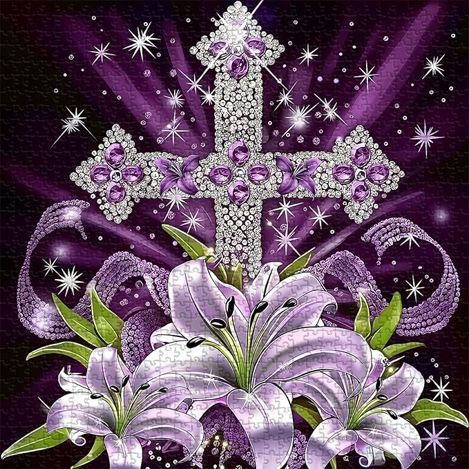 Cross Flowers Puzzle for Adults 1000 Pieces, Christian Easter Puzzles Purple Lilies, Religious Faith Jigsaw Puzzle Floral Art, Easter Catholic Wall Decor