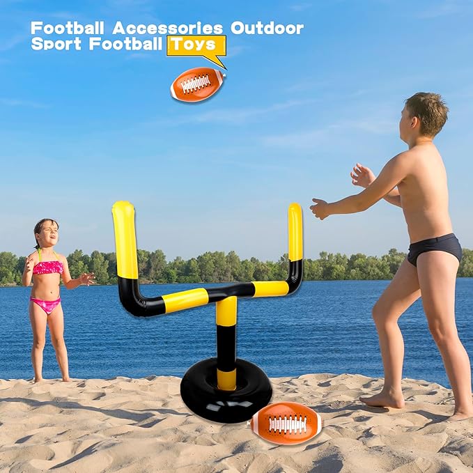4 Pcs Jumbo Inflatable Football Set Include 1 Giant Inflatable Football Goal Post and 3 Pcs Blow Up Footballs Beach Balls for Summer Beach Lawns Outdoor Sports Game