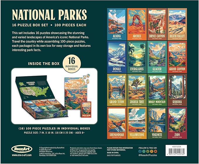 RoseArt - National Parks Jigsaw Puzzle Box Set - 16 Mini Puzzles, 100 Pieces Each - Colorful Puzzle Gift Set for Adults