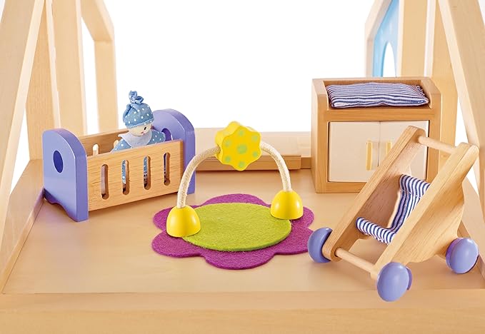 Hape Wooden Doll House Furniture Baby's Room Set with Baby| Pretend Playset for Kid’s Wooden Dollhouse