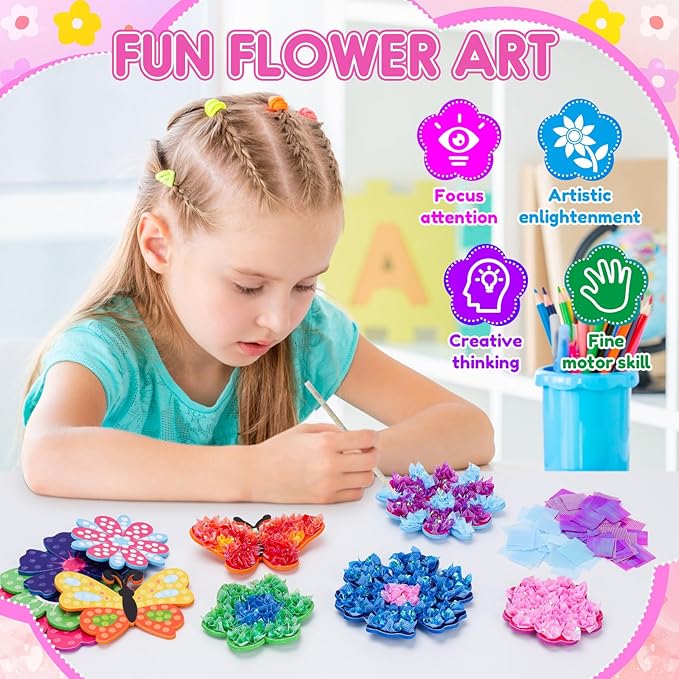 MUNDIDO Poke in Fun Art Flower Bouquet, Mess Free Paper Craft Kits for Kids, DIY Creative Activity Gifts for 6 7 8 9 10 Year Old Girls, Birthday Gifts for Girls Boys Age 5-12 Easter Basket Stuffers