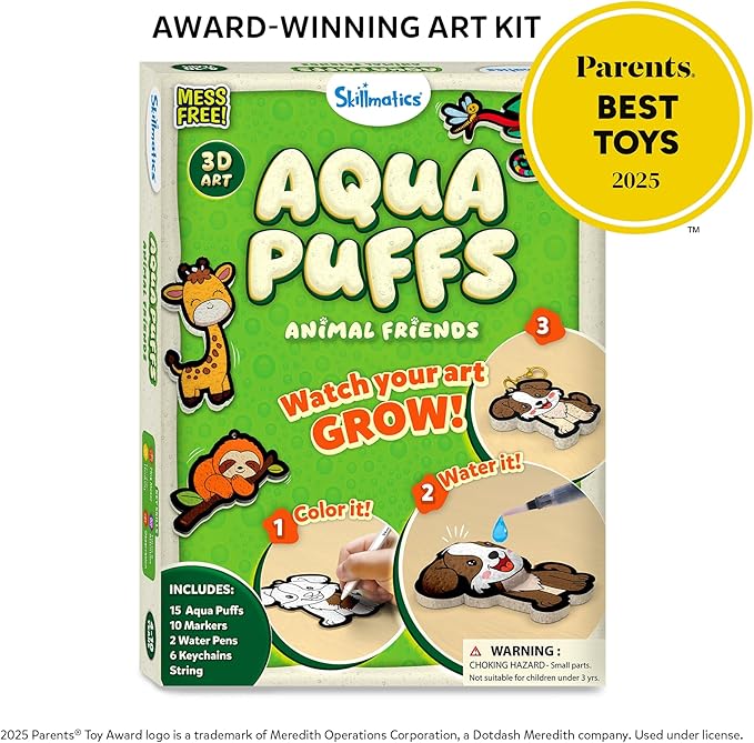 Skillmatics Aqua Puffs - 3D Art Kit, Animals, Mess-Free Paint by Number Craft for Kids, DIY Color & Inflate Activity, Travel & Creative Gift for Girls & Boys Ages 4, 5, 6, 7, 8, 9, 10