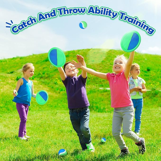 Charniol Kids Toys Toss and Catch Game Set Beach Game Outdoor Ball Sports Games Toss and Catch Ball Nylon Toys for Kids Adults(Blue Green,12 Paddles 6 Balls)