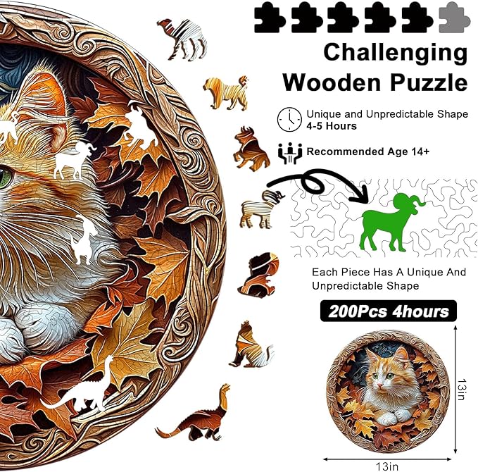 Wooden Puzzles for Adults, 210 Pieces Unique Cat & Autumn Leaf Pattern 3D Ornate Frame Wooden Jigsaw Puzzle, Easter Gift for Mom, for Cat Lovers