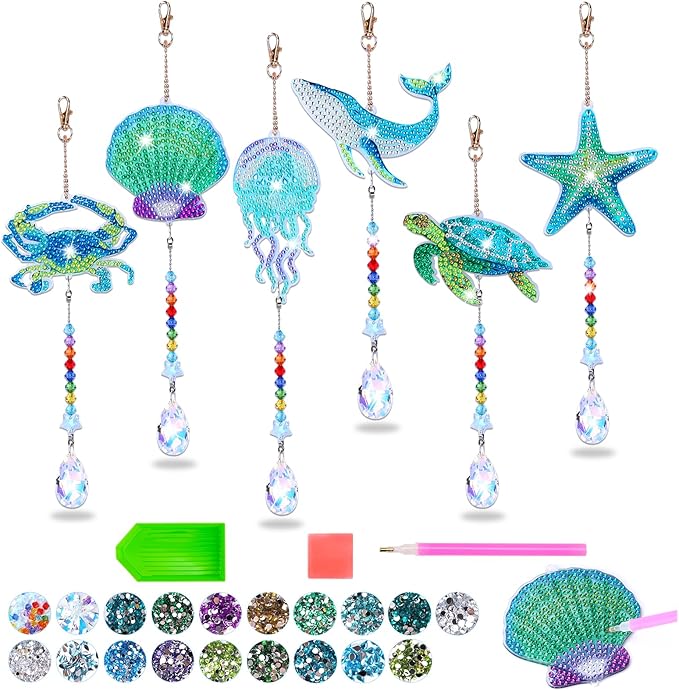 Diamond Art Kits for Kids Ages 6-12: Gifts for 7 8 9 10 Year Old Girls Teens Birthday Gifts Creative Arts & Crafts for Girls Boys DIY Wind Chime & Suncatcher Craft Kit Crystal Decor Kit Ocean