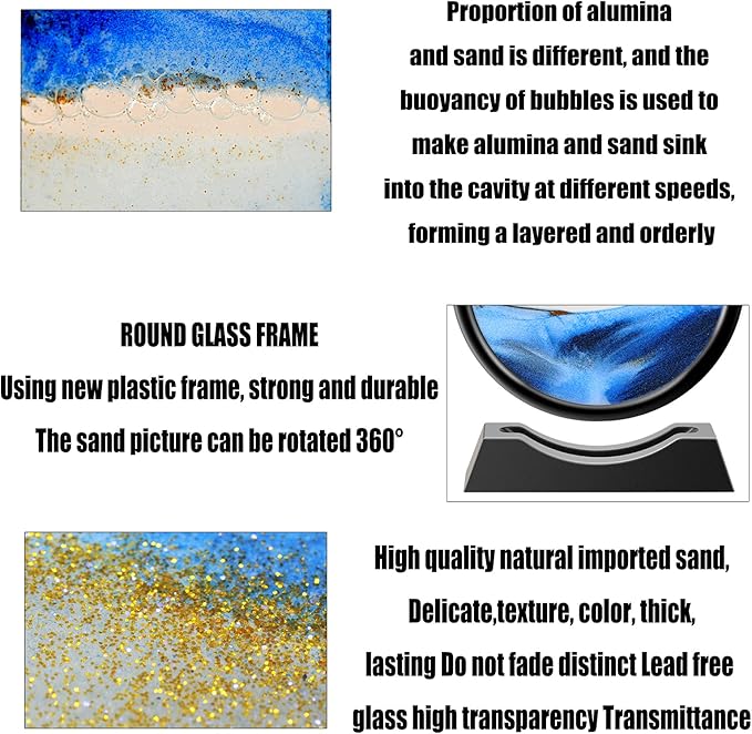 TKTM Liquid Motion Sandscape Round Moving Sand Art Sensory Toy Fidget Home Office Desktop Decoration (Blue, 7-in)