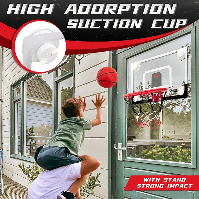 BOHEN Indoor Mini Basketball Hoops with Powerful Suction Cup, Stick to Windows, Wooden Doors, Smooth Walls - Basketball Backboard Indoor Bedroom Office for Kids Teens Adults
