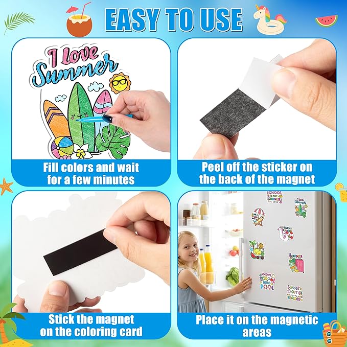 Dvbonike 30 Packs Summer End of The School Year Coloring Craft Kit with Magnet - Color Your Own Beach Magnets Card Set DIY Fridge Refrigerator Decor Home Party Gift Classroom Art Activity Supplies