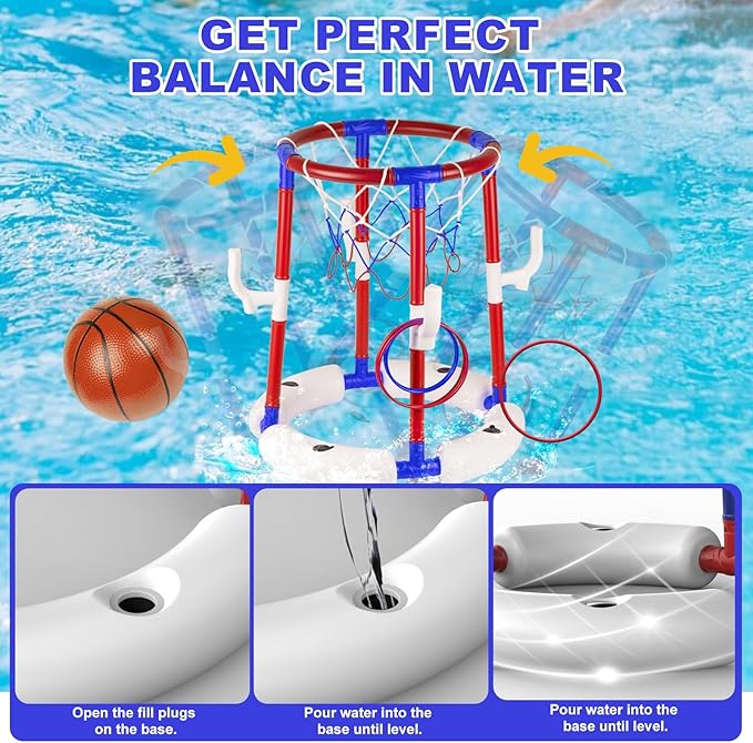 2-in-1 Floating Pool Basketball Hoop with 4 Balls, 6 Rings & Pump, Stable Water Basketball Hoop & Ring Toss Pool Games for Ages 4-8, 8-12, Summer Party Fun & Outdoor Indoor Family Pool Toys
