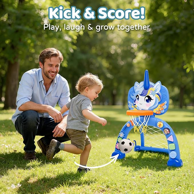 Basketball Hoop & Soccer Goal for Toddlers – 3-in-1 Sports Play Set with Ring Toss | Indoor Outdoor Activity Toy for 1 2 3 Year Old Boys | Birthday for Active Play (Blue)
