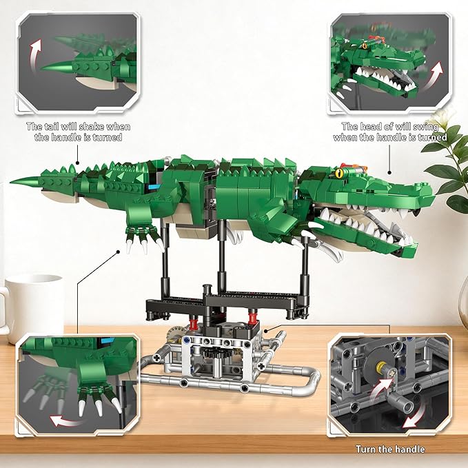 Kinetic Mechanical Crocodile Building Kit - Light-Up Interactive Animal Model with Hand-Crank Moving Jaw, Claws & Tail - STEM Construction Toy for Kids & Adults
