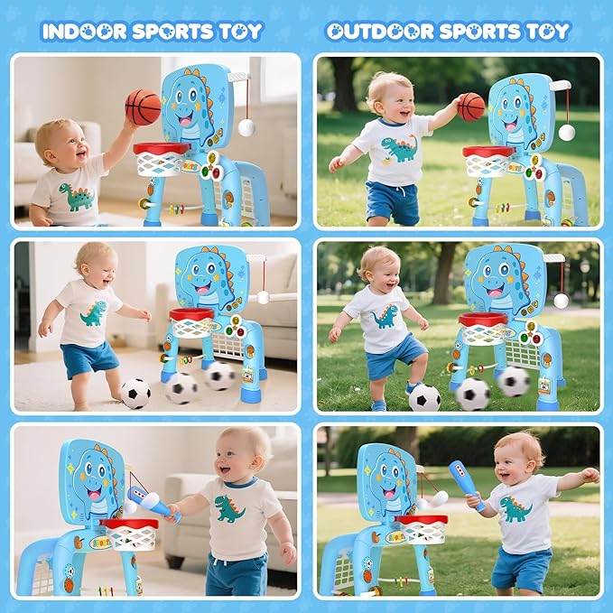 Toys For 1 Year Old Boy - Toddler Basketball Hoop&Soccer Goal&Baseball Sport Activity Center,Montessori Sensory Musical Toy With Light,Christmas Birthday Gift for Age 12-18 Month(Sky Blue Dinosaur)