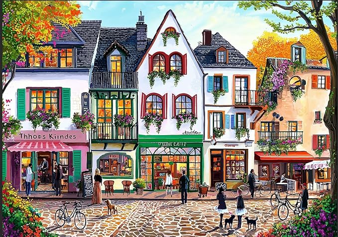 European Street Scene 1000 Piece Jigsaw Puzzle for Adults Seniors Colorful Buildings Autumn Tree Jigsaw Puzzle with Letters on Back Framable Puzzles for Perfect Family Game Night(27.6"x19.7")