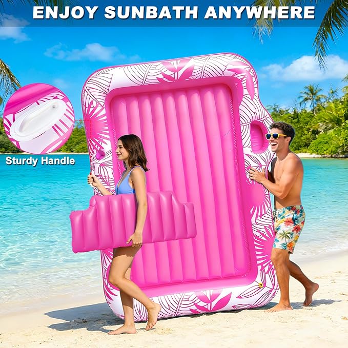 83" X 60" Inflatable Tanning Pool Lounger Float with Sprinkler, Extra Large Pool Float Adults with Pillow, 6 in 1 Suntan Tub Raft Floatie Toys with Drink Holder Sunbathing Water Filled Tanning Bed