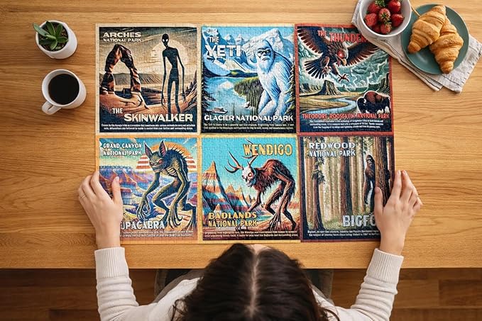 National Park Lore Cryptids Bigfoot Puzzle | 1000 Piece Puzzle | Vintage National Parks Puzzle for Adults | Blue Porcupine Puzzles
