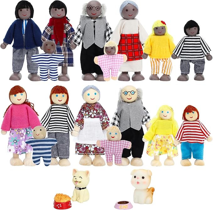 ONEST 20 Pieces Wooden Dollhouse Family Set Mini People Figures Dog Cat Sets Dollhouse Dolls Wooden Doll Family Pretend Play Figures Accessories for Pretend Doll House Toy