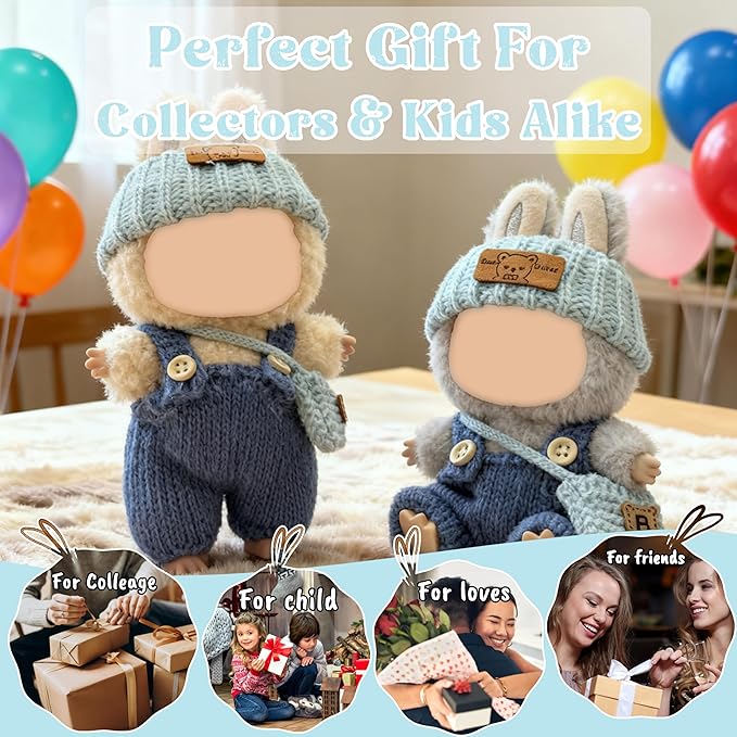 15 17cm Doll Clothes(NO Doll), Cute Dolls Outfit Accessories with Knitted Overalls + Hats + Bag, Small Kawaii Clothes Set for Dolls