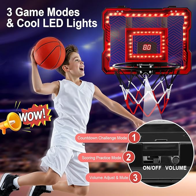 FIODAY Indoor Mini Basketball Hoop, Over The Door Basketball Hoop with LED Lights/Scoreboard/4 Balls, Upgraded Reinforced Backboard Frame, Basket Ball Toys Gift for Kids Ages 3-5-12+ Boys Girls