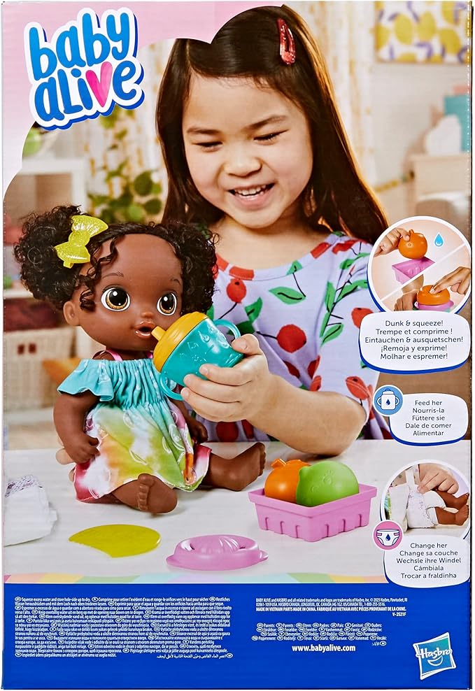 Baby Alive Fruity Sips Doll, Lime, Toys for 3 Year Old Girls, 12-inch Baby Doll Set, Drinks & Wets, Pretend Juicer, Kids 3 and Up, Black Hair