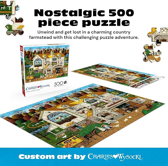 Buffalo Games – Charles Wysocki The Farm 500 Piece Jigsaw Puzzle for Adults -Challenging Puzzle Perfect for Game Nights - Finished Size is 21.25 x 15.00 – Precision-Cut Pieces, Beautiful Artwork