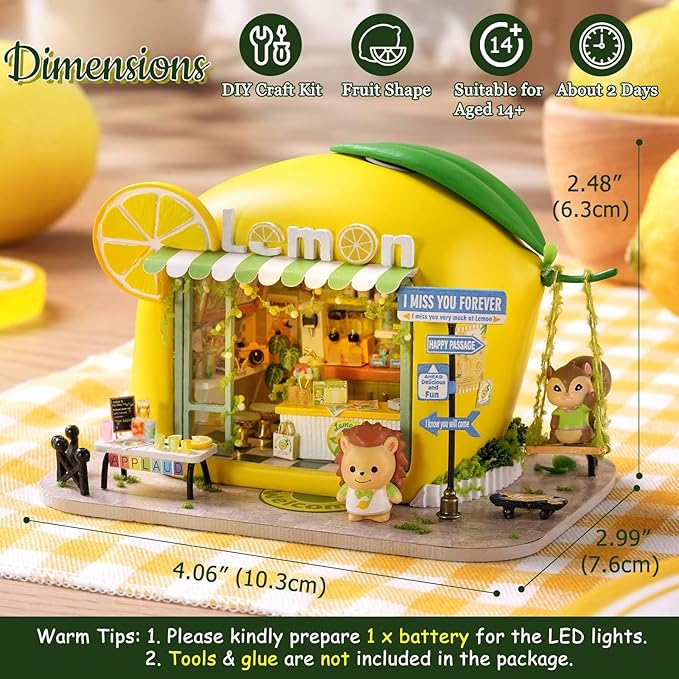 TuKIIE DIY Miniature House Kit with Furniture, 1:100 Scale Creative Room Mini Wooden Dollhouse Book Nook for Kids Teens Adults(Lemon Beverage Shop)