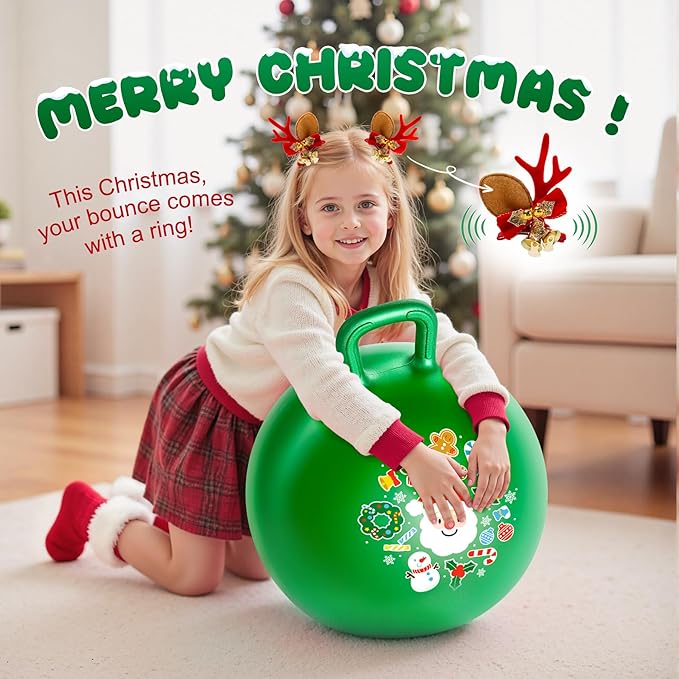 ZOOJOY Hopper Ball for Kids 3-8, 18 in Green Hippity Hop Balls, Bouncy Ball with Handle for Boys & Girls Indoor Outdoor Play, Inflatable Christmas Balls Bounce Hopping Toys with Pump