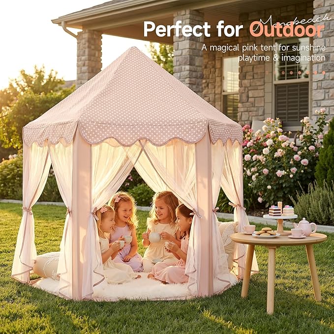 Monobeach Princess Play Tent for Girls: Brown Large Kids Castle Playhouse with Mesh Curtains & Star Lights - Indoor Outdoor Pretend Play Toys Tent - Cozy Reading Nook Gift for Toddlers & Kids