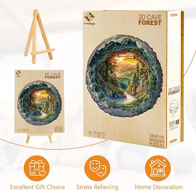 Wooden Puzzles for Adults, 3D Vision Effect-3D Cave Forest Wood Puzzles Adult, Unique Shaped Wooden Jigsaw Puzzle, Creative Gifts for Friends/Family/Puzzle Lovers, Home Decor(L-13.4 * 13.3in 300pcs)