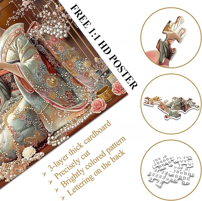 PICKFORU Elegant Geisha Puzzles for Adults 1000 Pieces, Retro Kimono Cherry Blossom Jigsaw Puzzles, Japanese Art Puzzle as Wall Art Decor