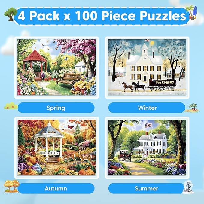 4 Pack 100 Piece Puzzles for Seniors, Four Seasons Jigsaw Puzzles for Elderly Large Piece Puzzle for Adults & Kids Ages 4-6 6-8 8-10, Easy Beginner Puzzle Family Educational Toy Gift