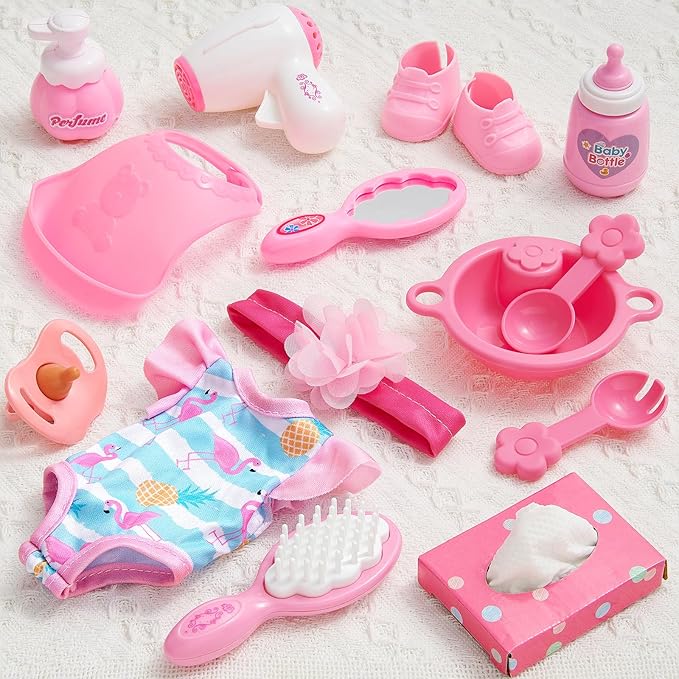 Golray Girl Baby Doll Stroller Toy Set with 12" Baby Doll & 17pcs Baby Doll Accessories Handbag/Clothes/Sunshade/Feeding Nursery Pretend Play Toy Birthday Gift for Toddler Girls 3 4 5 6 7 Years Old