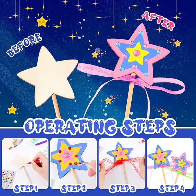 Chinco 57 Pcs Star Princess Fairy Wands Kit Make Your Own Princess DIY Art Craft Magical Wand Include 18 Star Wooden Fairy 9 Gem Stickers 20 Ribbons 10 Markers Party Supply