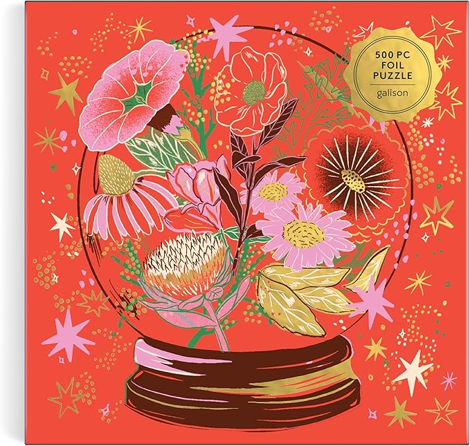Galison Flower Gazing – 500 Piece Foil Jigsaw Puzzle Featuring Beautiful Artwork of Intergalactic World of Blooms Inside A Crystal Ball