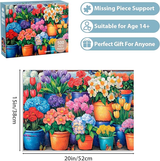 Puzzles 500 Pieces for Adults, Flower Butterfly Puzzles, Recycled Cardboar Jigsaw Puzzle 500 Pieces for Seniors, Challenging Puzzle Family Activity Great Gift for Friends, 20.5 X 15 inches