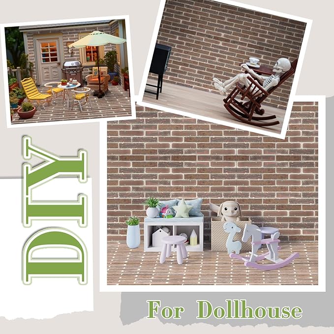 Flutesan 12 Pcs Miniature Dollhouse Wallpaper and Flooring Peel and Stick Mini DIY Self Adhesive Dollhouse Accessories 8.27 x 11.69 Inch (Gray Clinker)