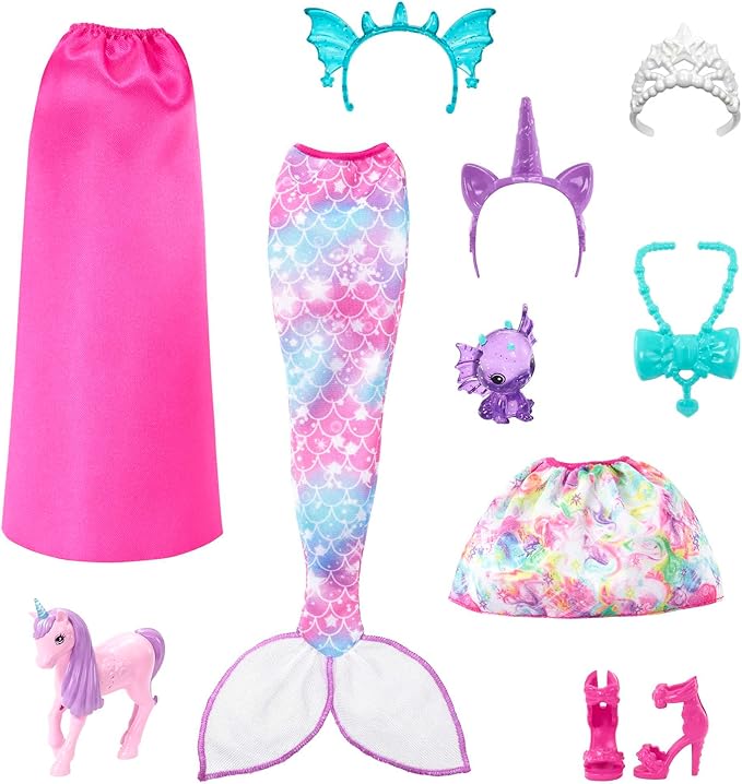 Barbie Dreamtopia Doll with Clothes & Accessories, Fairytale Dress-Up Set with Mermaid Tail, Baby Unicorn, Dragon Pet & More
