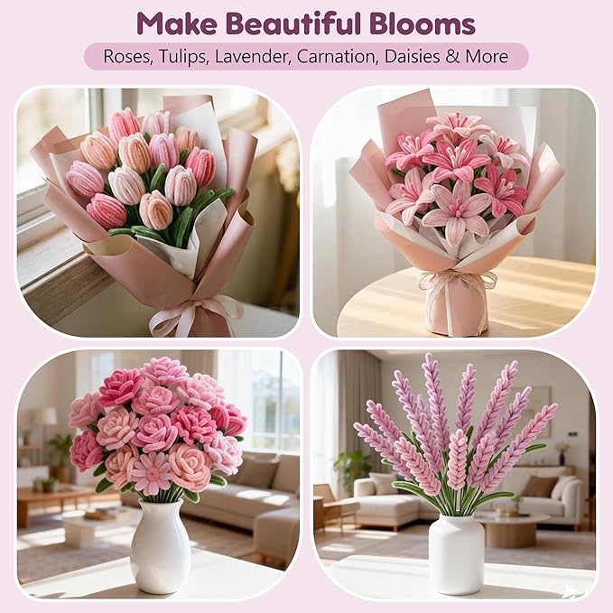 EARLY MINDS 800Pcs Pipe Cleaner Flower Bouquet Kit, 8 Colors Romantic Pink Chenille Stems Craft Making Set with Floral Tape, Flower Stems, Gift Wrap & More, DIY Bouquet Handmade Gifts for Mother