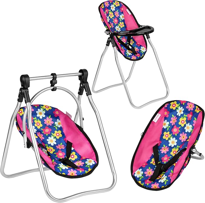 Fash N Kolor Doll Play Set 3 in 1 Doll Set, 1 Pack N Play, Doll Stroller, Doll High Chair Fits Up to 18'' Doll (Flower Swing)