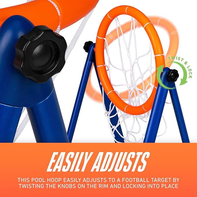 NERF Floating Pool Basketball Hoop + Football Target Net Set - Water Basketball + (2) Water Footballs Included - Floating Hoop + Target Goal for In-Pool + Poolside Play - Sports Toys for Kids