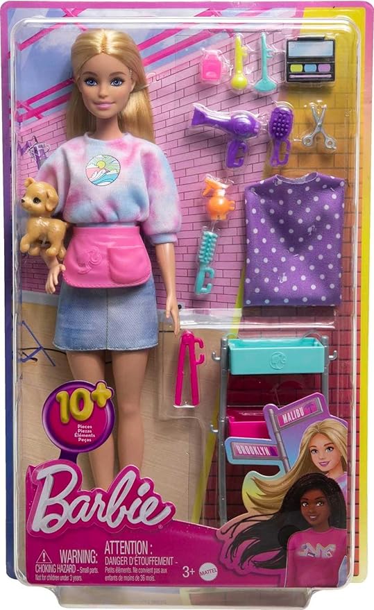 Barbie Stylist Doll & 14 Accessories, Blonde Barbie "Malibu" Fashion Doll On-set with Cart, Smock, Makeup Palette, Pet Puppy & More