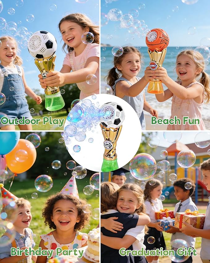 Bubble Machine for Kids – Football Trophy Shape, Automatic Bubble Gun Band with Blue LED Light, Leak-Proof, Includes Bubble Solution, Perfect Outdoor Toy for Toddlers Boys & Girls Ages 3-8