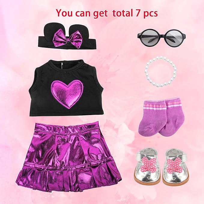 MSYO 18 Inch Doll Clothes & Accessories Set,Black Purple Heart Top & Metallic Purple Skirt Outfit with Mouse Ears Headband,Sunglasses,Socks,Shoes,Bracelet,Fits 16-18 Inch Baby Dolls(Purple)