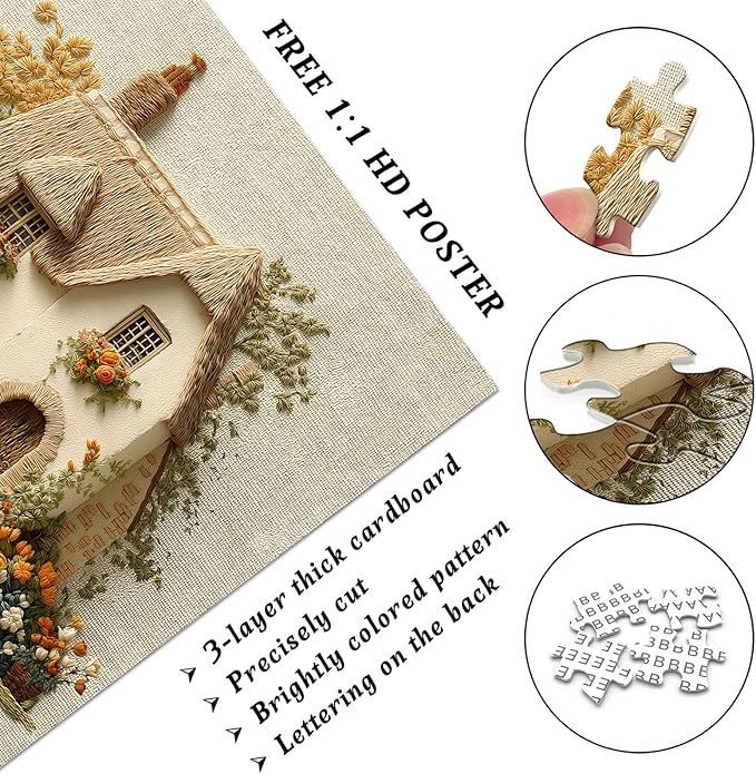 Embroidered Cottage Puzzle for Adults 1000 Pieces, Flower Garden Countryside Puzzle Cottage, Cozy Vintage Cottagecore Floral Art Jigsaw Puzzle, Retro Home Wall Decor